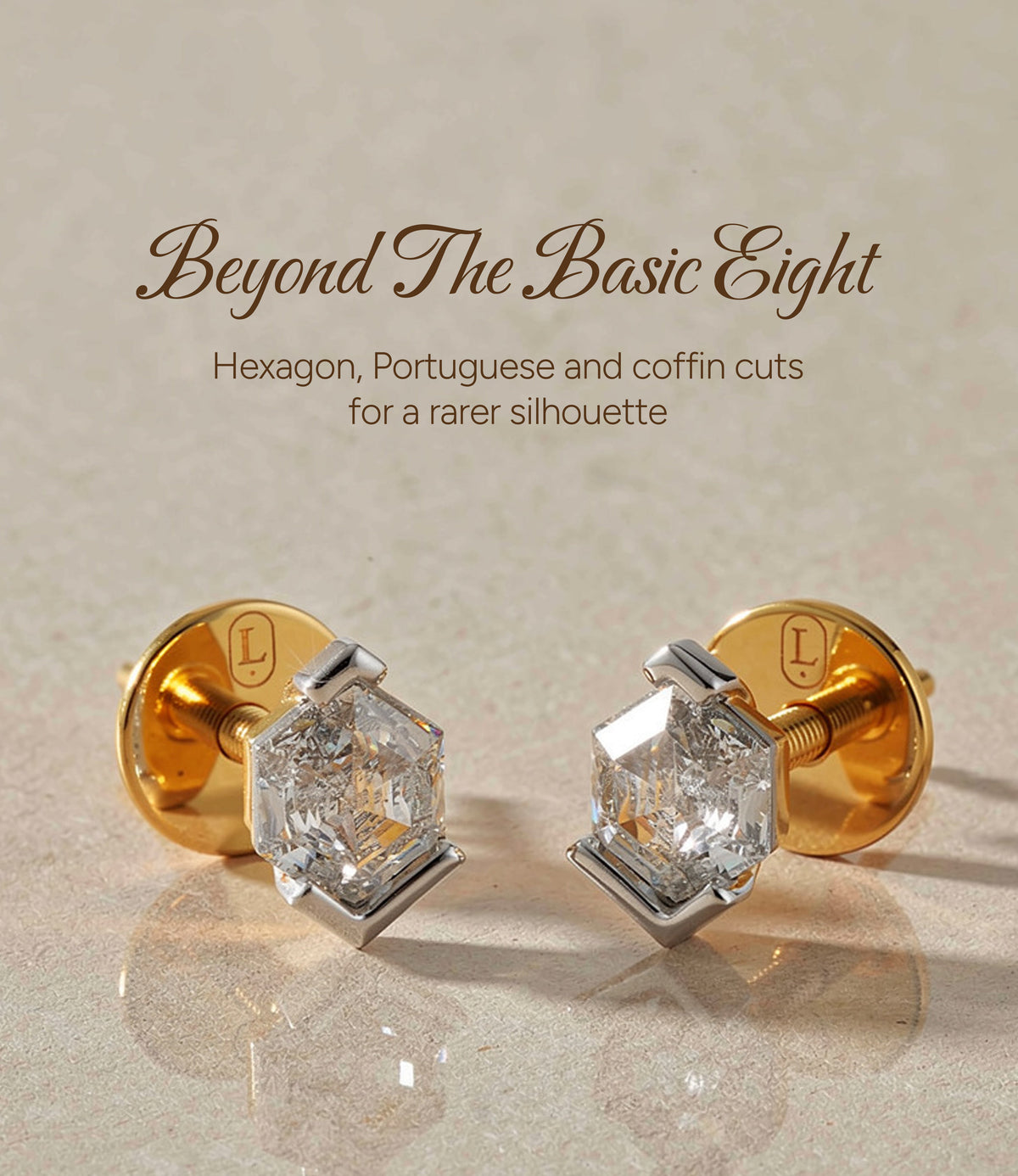 A close-up of a pair of hexagon-shaped diamond stud earrings on gold screw backs