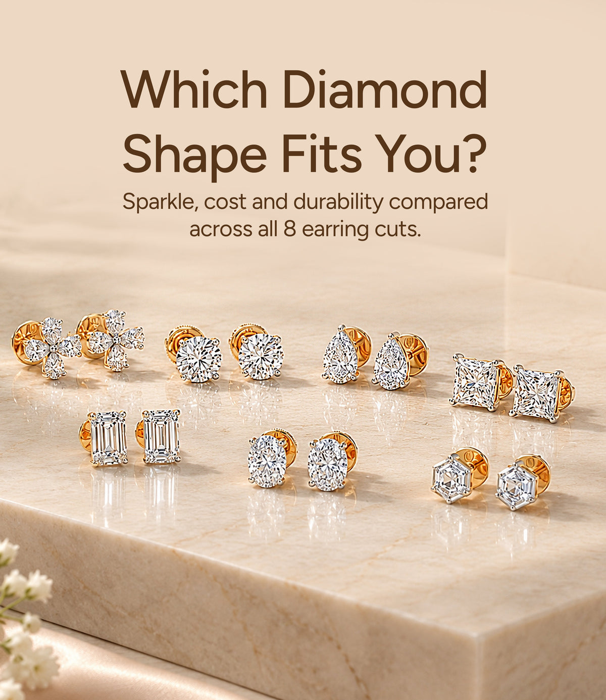 A collection of gold diamond stud earrings in various shapes, including round, princess, oval, pear, emerald, and hexagon cuts, displayed on a marble surface 