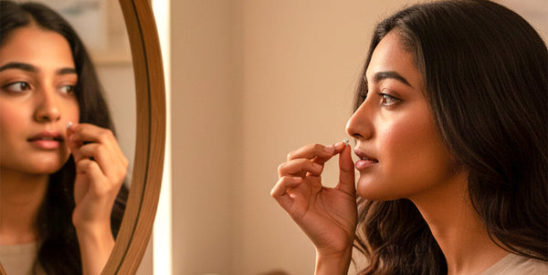 Woman applying makeup in front of a mirror