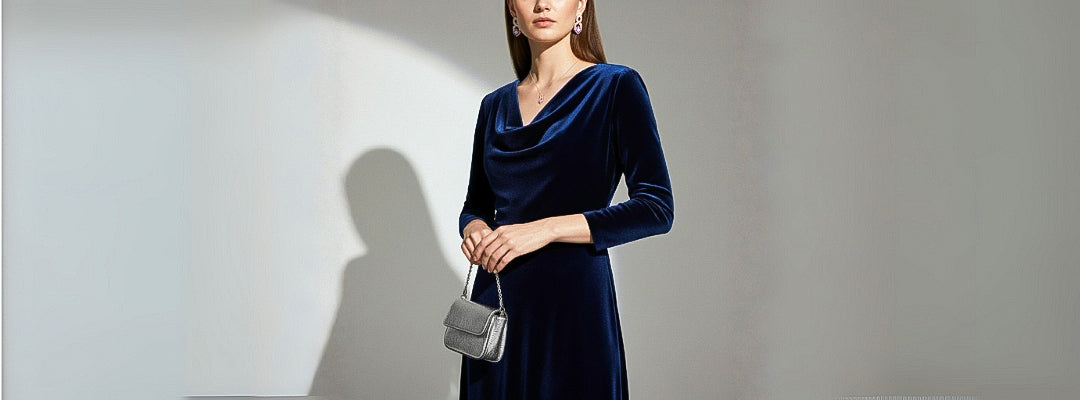 Woman wearing a blue velvet dress holding a small handbag against a plain background