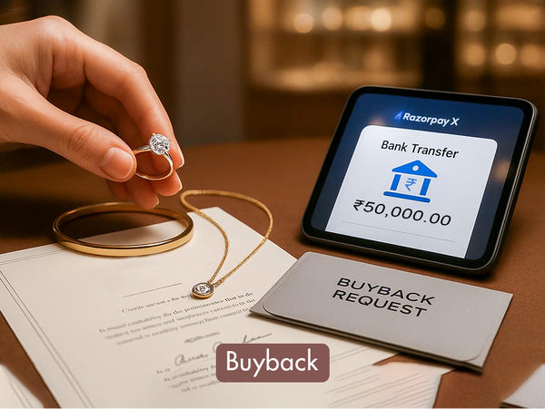 Hand holding a diamond ring with a tablet displaying Razerpay X bank transfer information on a wooden surface.