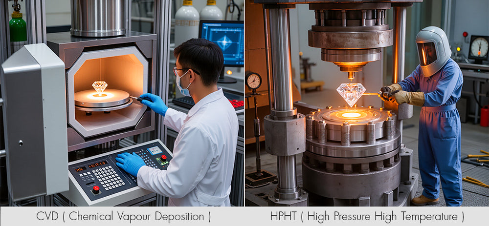Two industrial processes shown side by side: CVD (Chemical Vapor Deposition) and HPHT (High Pressure High Temperature).