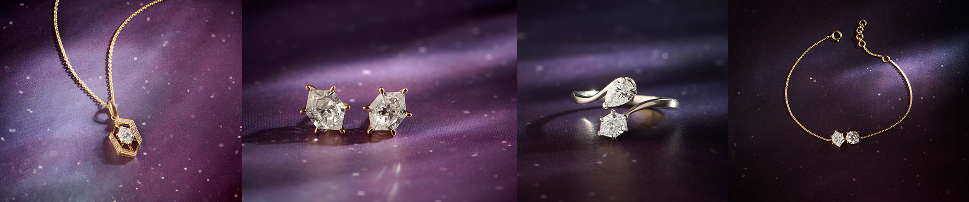 Set of gold jewelry including earrings, ring, and bracelet on a purple gradient background