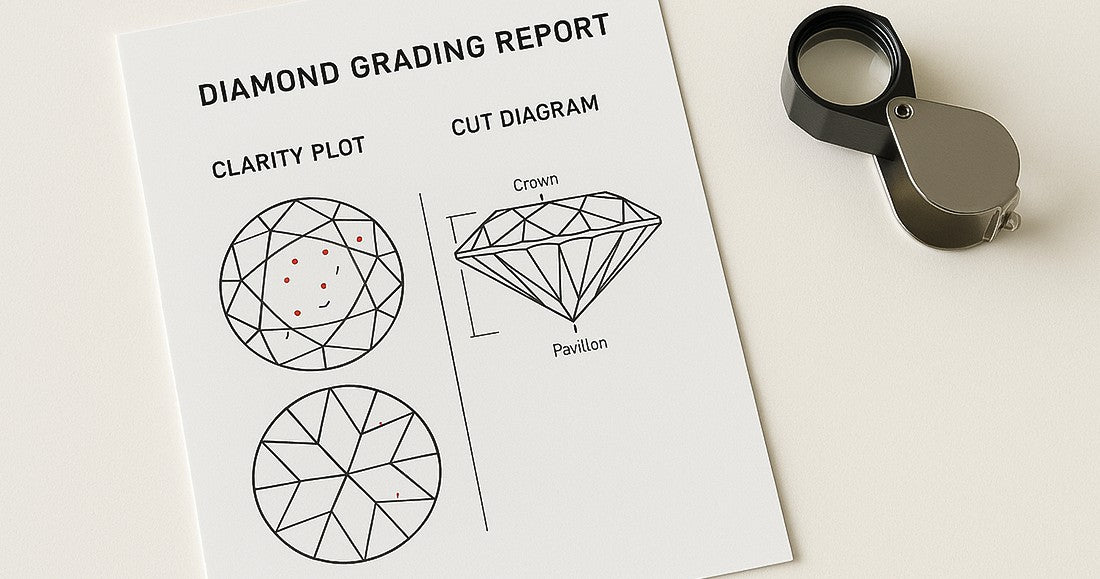 Diamond grading report with clarity plot and cut diagram on a white surface, accompanied by a magnifying glass.