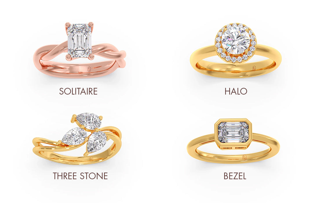 Four gold rings with different diamond settings labeled 'Solitaire', 'Halo', 'Three Stone', and 'Bezel' on a white background.