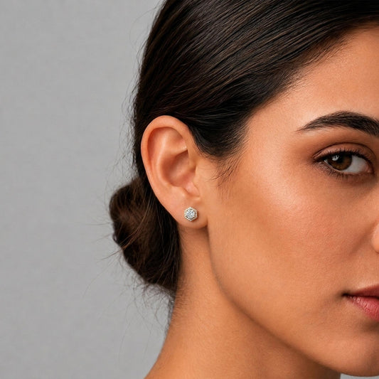 Hexagon Frame Round Diamond Studs - MQ_AI