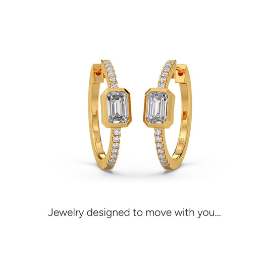 Emerald Cut and Round Diamond Huggie Earrings - Yellow