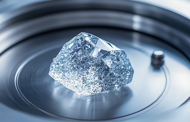 Raw diamond on a metal stand, likely in a laboratory setting