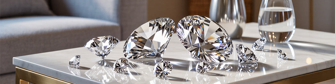 Crystal diamond-shaped objects on a reflective surface with a blurred background