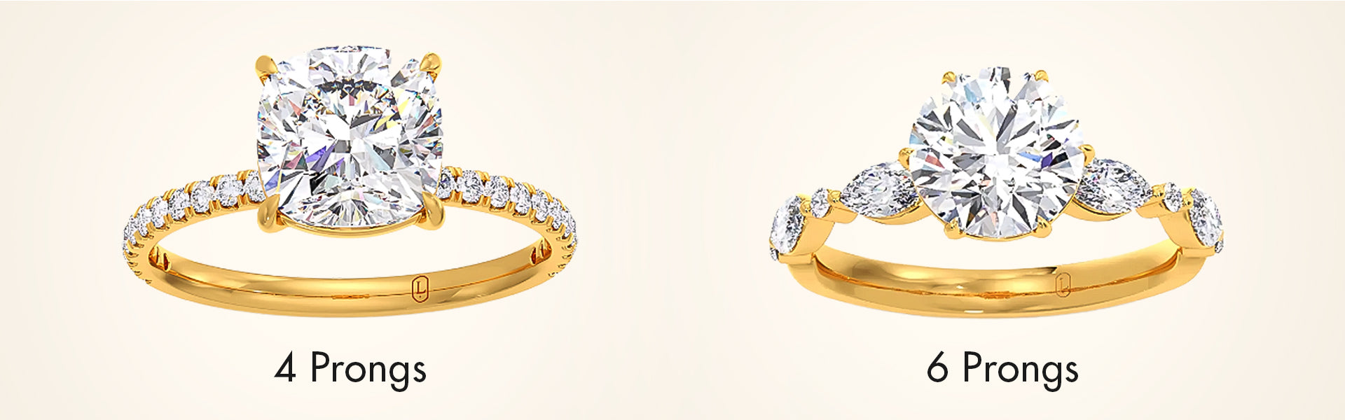Two diamond rings with different prong designs on a beige background