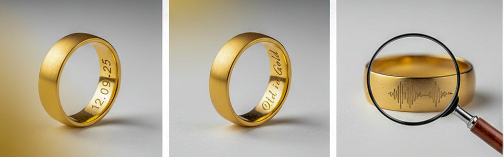 Gold ring with engraved text, shown from different angles with a magnifying glass.