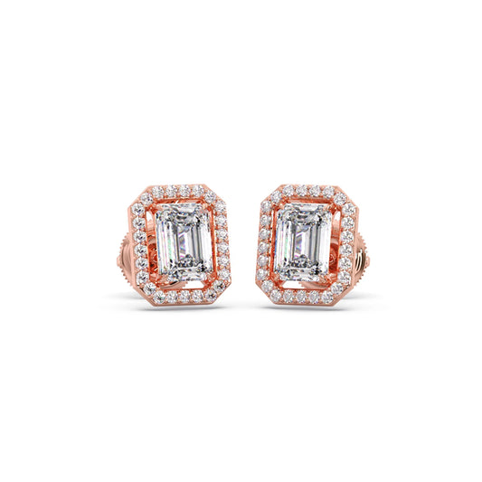 Halo Emerald Cut Diamond Stud Earrings - Rose