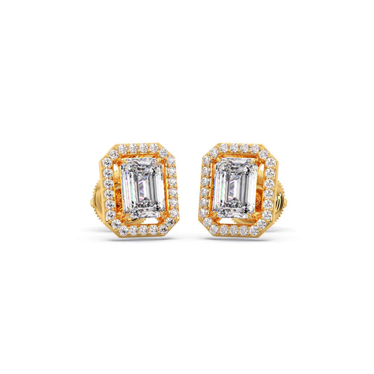 Halo Emerald Cut Diamond Stud Earrings - Yellow