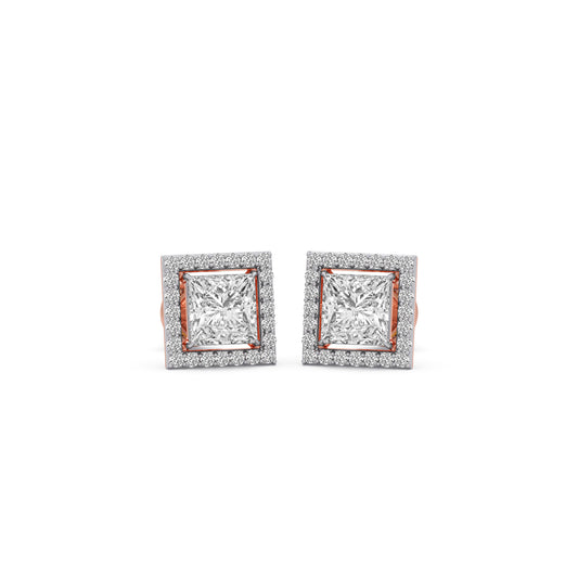 Princess Cut Diamond Halo Stud Earrings - Rose