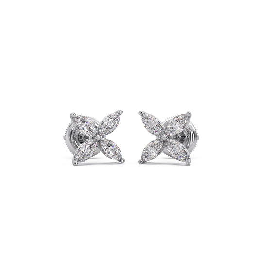 Marquise Cut Diamond Flower Stud Earrings - White