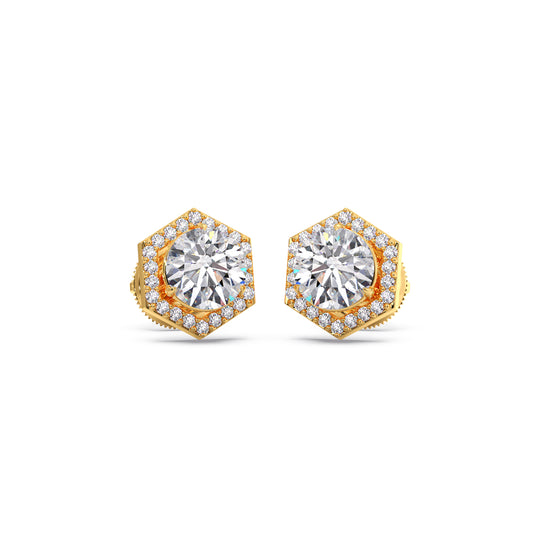Hexagon Frame Round Diamond Studs - Yellow