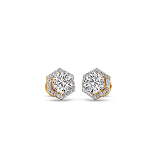 Hexagon Frame Round Diamond Studs - Yellow