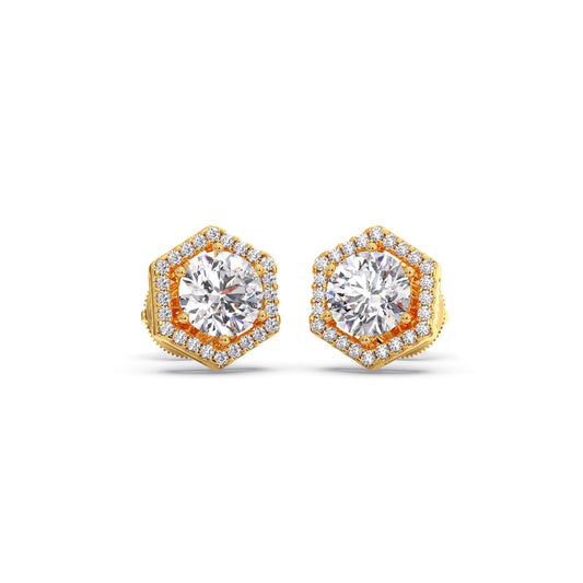 Hexagon Halo Round Diamond Stud Earrings - Yellow