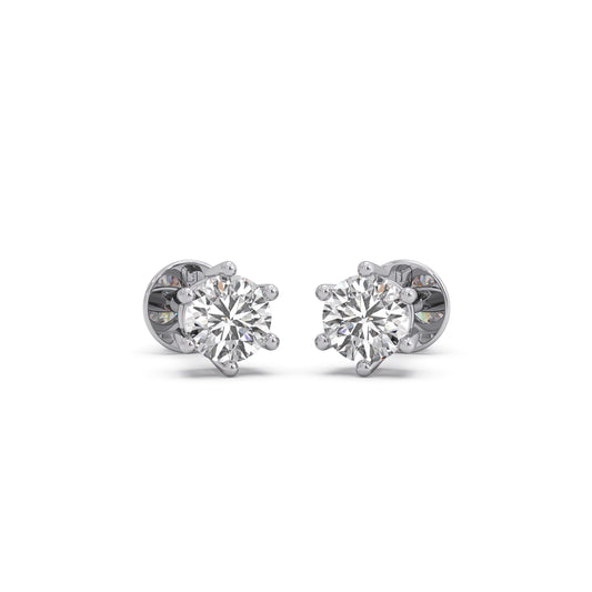 Six Prong Solitaire Round Diamond Stud Earrings - White