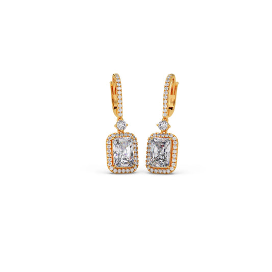 Radiant-Cut Classic Diamond Halo Drop Earrings - Yellow