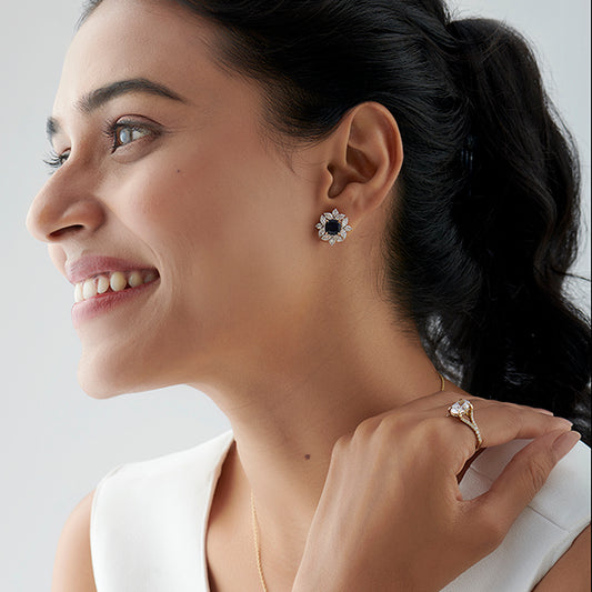 Floral Halo Stud Earrings with Blue Gemstone - MQ
