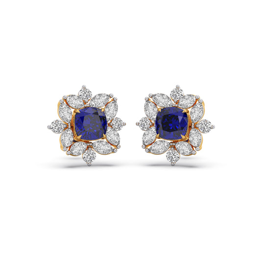 Floral Halo Stud Earrings with Blue Gemstone - Yellow