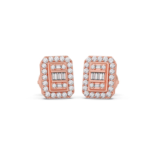 Baguette Center with Round Halo Earrings - Rose