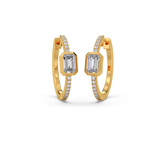 Emerald Cut and Round Diamond Huggie Earrings - Yellow