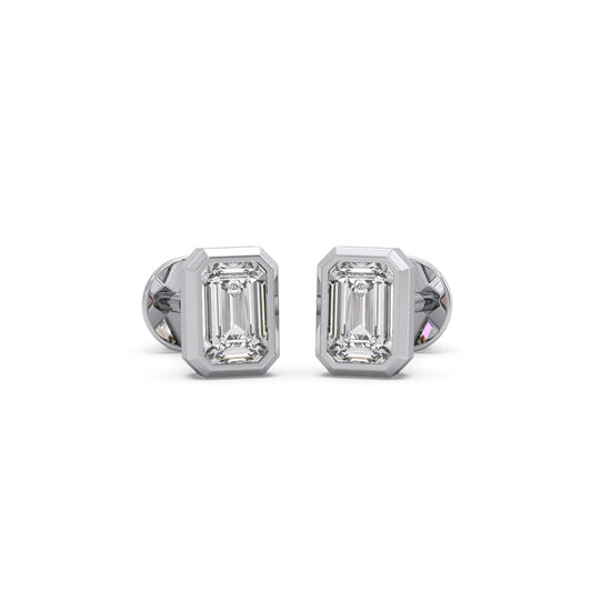 Emerald Cut Diamond Bezel Set Earrings - White