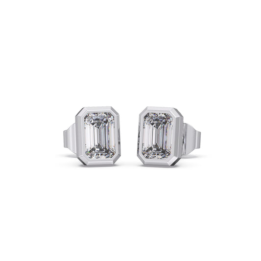 Emerald Cut Diamond Bezel Set Earrings - White
