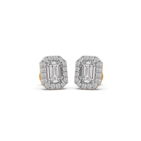 Classic Emerald & Round Halo Diamond Studs Earrings - Yellow