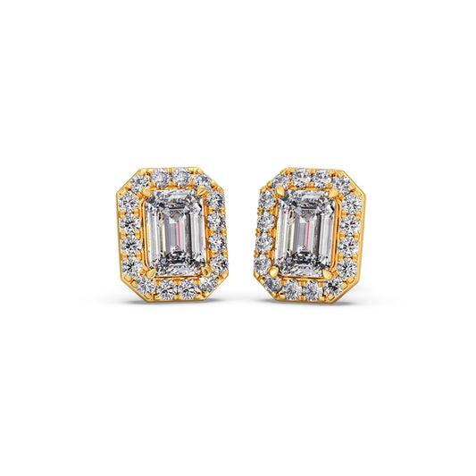 Classic Emerald & Round Halo Diamond Studs Earrings - Yellow