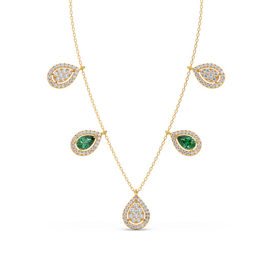 Round Diamond with Pear Shape Green Gemstone Necklace - Yellow