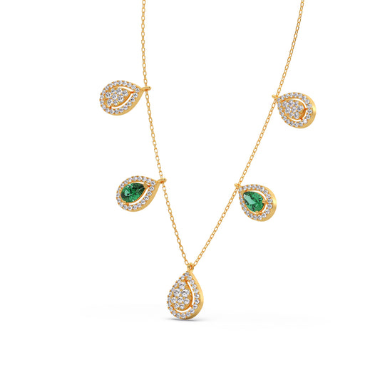 Round Diamond with Pear Shape Green Gemstone Necklace - Yellow