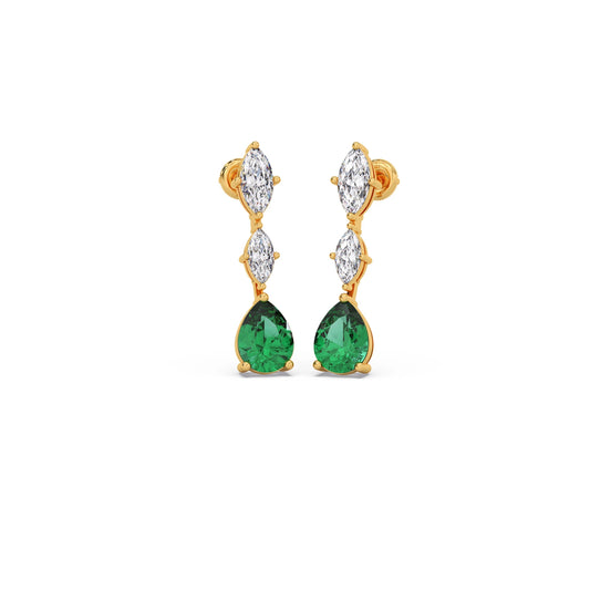 Marquise Diamond and Green Gemstone Drop Earrings - Yellow
