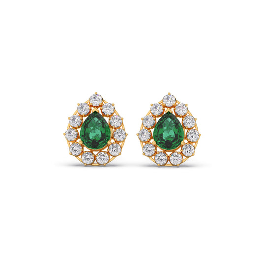 Green Gemstone and Diamond Blossom Earrings - Yellow