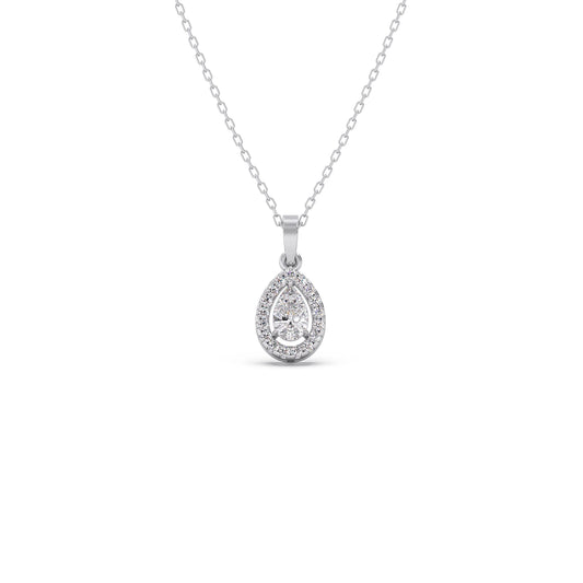 Gold Pear Halo Diamond Pendant - White
