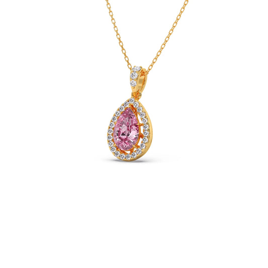 Round Diamond With Pear-Shaped Morganite Gemstone Halo Pendant - Yellow