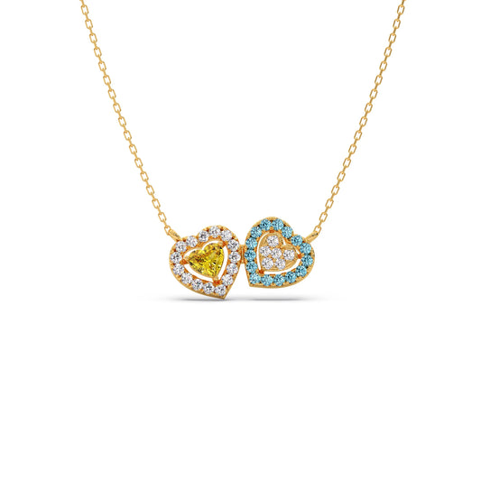 Twin Hearts Round Diamond with Gemstone Pendant Necklace - Yellow
