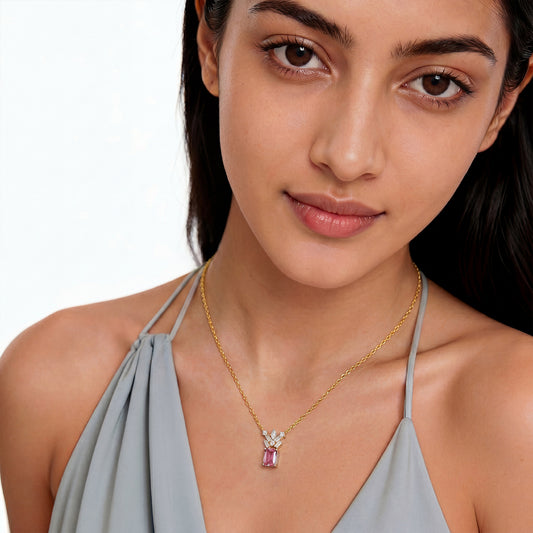 Mixed-Cut Diamond with Pink Gemstone Pendant Necklace - MQ_AI