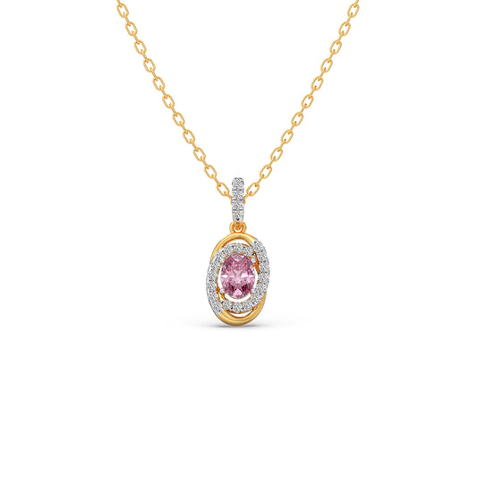 Oval-Cut Pink Gemstone with Round Diamond Halo Pendant - Yellow