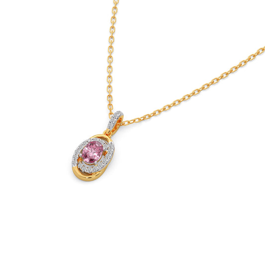 Oval-Cut Pink Gemstone with Round Diamond Halo Pendant - Yellow