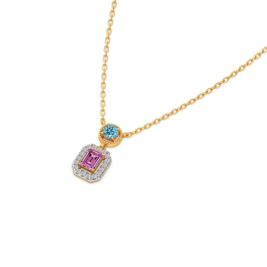 Emerald-Cut & Round Gemstone With Round Diamond Halo Pendant - Yellow