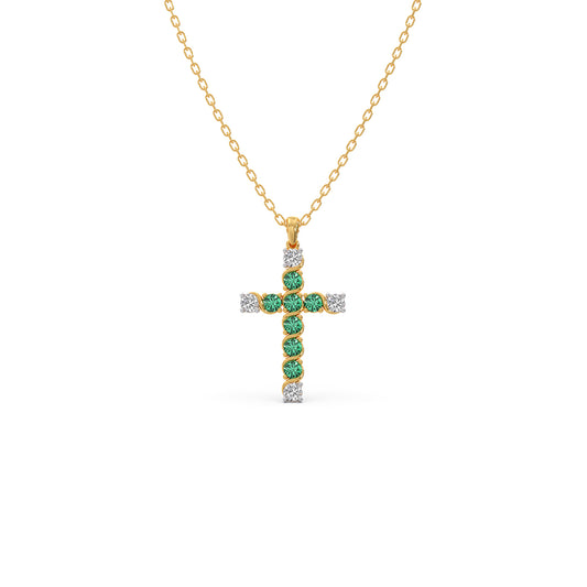 Round Diamond With Green Gemstone Cross Pendant - Yellow