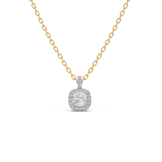 Cushion Diamond with Round Diamond Halo Necklace - Yellow