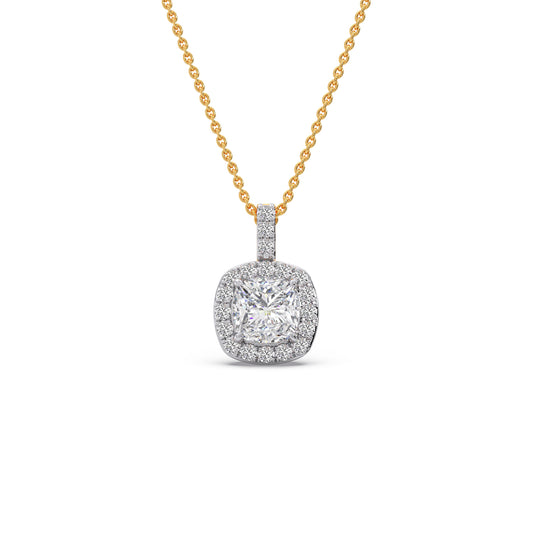 Cushion Diamond with Round Diamond Halo Necklace - Yellow