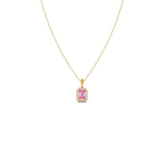 Halo Pink Emerald Pendant Necklace - Yellow