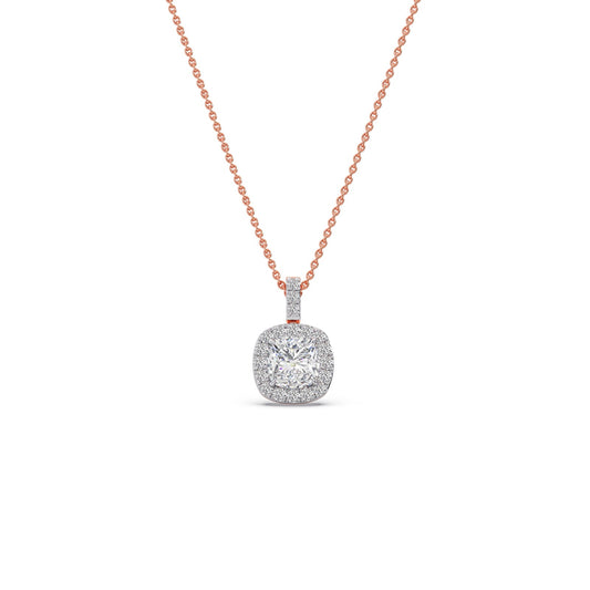 0.90 ct Aure Cushion Halo Solitaire Chain Pendant - Rose