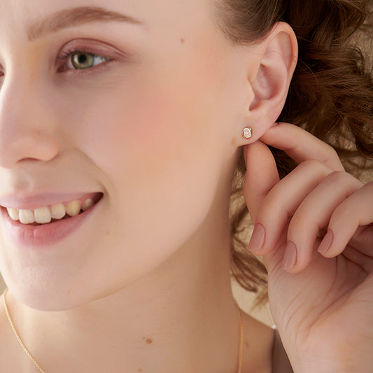 Half Bezel Set Smallitaire Frost Emerald Cut Earrings - MQ