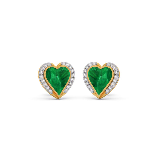 Malachite Heart Diamond Stud Earrings - Yellow